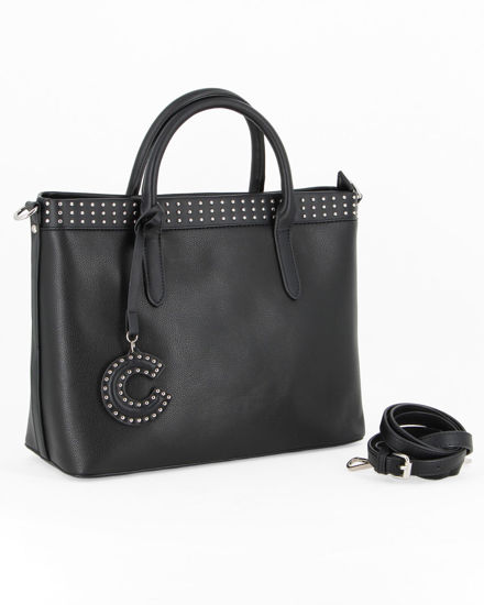 Immagine di CARRERA - Borsa a due manici nera con borchie e dettaglio logo pendente, tracolla removibile