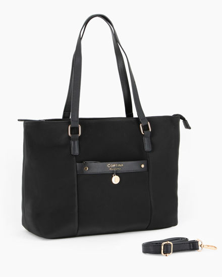 Immagine di CORTINA POLO STYLE - Borsa a due manici nera con tasca frontale e dettaglio logo pendente, tracolla removibile