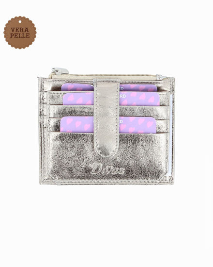 Immagine di DIVAS - Portacarte grigio laminato in VERA PELLE con ribaltina e tasca porta spicci