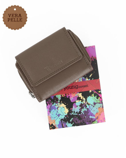 Immagine di YOU YOUNG COVERI - Portafoglio piccolo taupe in VERA PELLE con pattina e tasca portamonete