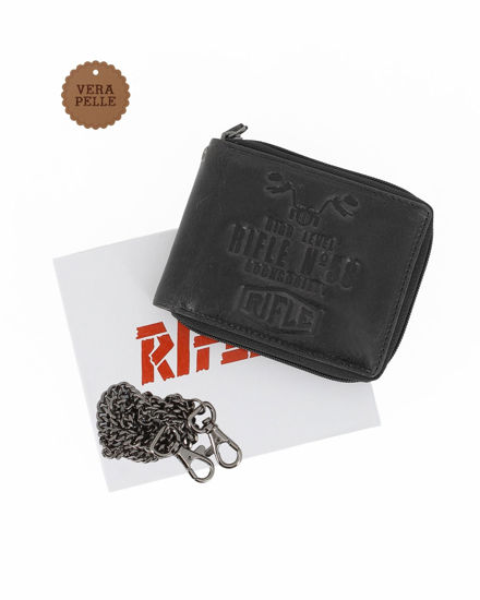 Immagine di RIFLE - Portafoglio nero in VERA PELLE da uomo con chiusura a zip e catenina removibile