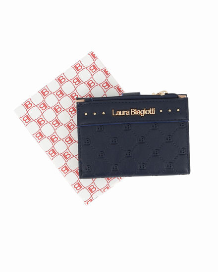 Immagine di LAURA BIAGIOTTI - Portafoglio blu loggato da donna con pattina e taschino portamanete