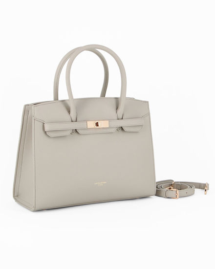 Immagine di DAVID JONES - Borsa a due manici beige con patta e dettaglio girello, tracolla removibile