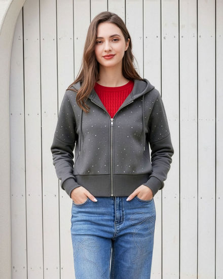 Immagine di BACHATA - Felpa corta con cappuccio e maniche a pipistrello da donna zip intera grigio scuro