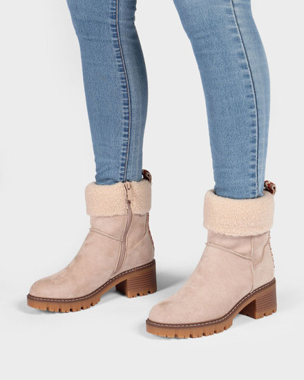 Immagine di MISS GLOBO - Tronchetto beige scamosciato con pelliccia e zip laterale, tacco 5,5CM