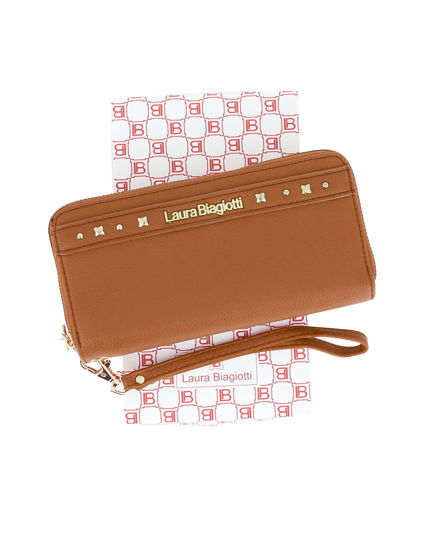 Immagine di LAURA BIAGIOTTI - Portafoglio cognac da donna con doppia cerniera e polsiera removibile, dettaglio borchie