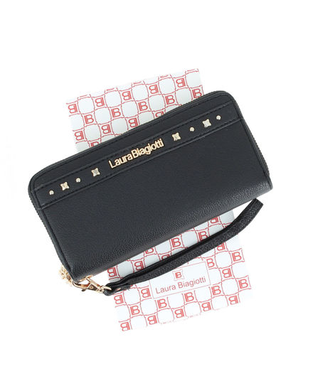 Immagine di LAURA BIAGIOTTI - Portafoglio nero da donna con doppia cerniera e polsiera removibile, dettaglio borchie
