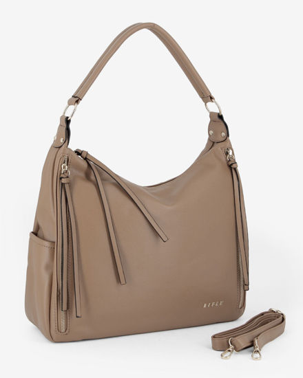 Immagine di RIFLE - Borsa sacca taupe con zip frontali verticali e tasche laterali, tracolla removibile