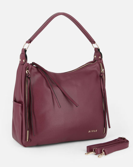 Immagine di RIFLE - Borsa sacca rubino con zip frontali verticali e tasche laterali, tracolla removibile