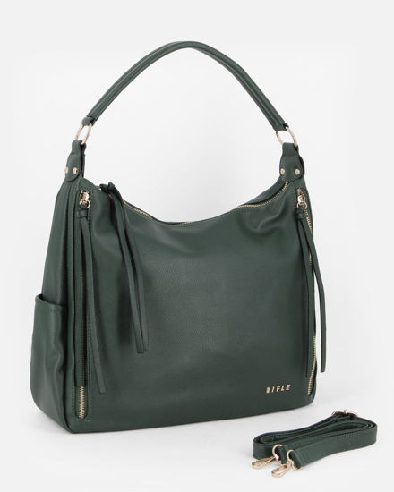 Immagine di RIFLE - Borsa sacca verde con zip frontali verticali e tasche laterali, tracolla removibile