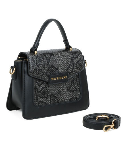 Immagine di NARDINI - Minibag nera con patta e parte frontale pitonata, tracolla removibile