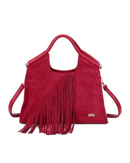 Immagine di ENRICO COVERI - Borsa a mano rossa scamosciata con frange e tasca posteriore, tracolla removibile