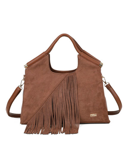 Immagine di ENRICO COVERI - Borsa a mano marrone scamosciata con frange e tasca posteriore, tracolla removibile