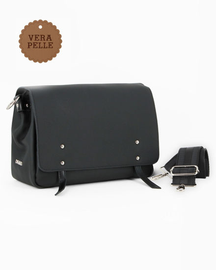 Immagine di DIVAS - Borsa nera VERA PELLE con patta e tracolla nastro -MADE IN ITALY