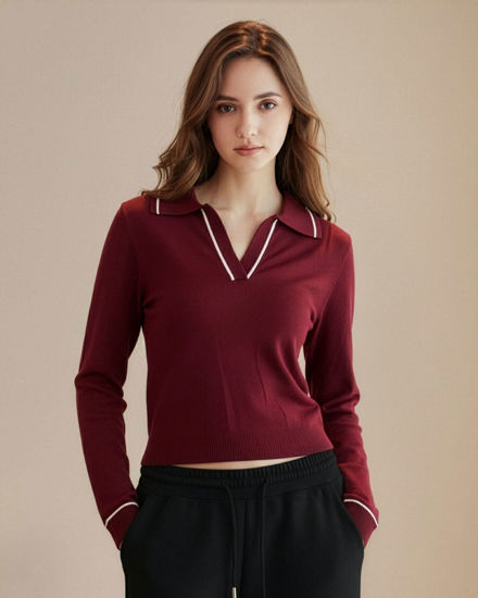 Immagine di BACHATA - Maglia manica lunga bordeaux con scollo a V e colletto da donna
