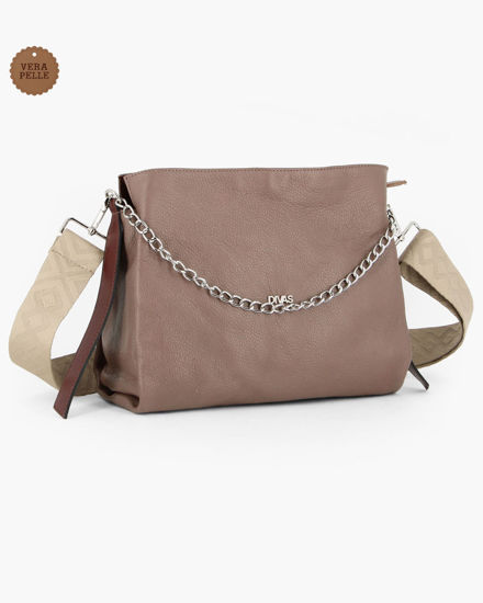 Immagine di DIVAS - Borsa sacca taupe in VERA PELLE con tracolla nastro - MADE IN ITALY