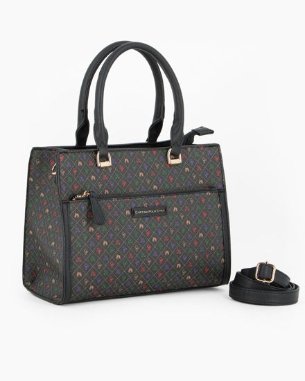Immagine di CORTINA POLO STYLE - Borsa due manici nero/multicolor logata con tasca frontale, tracolla removibile