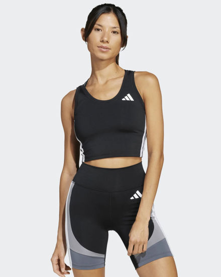 Immagine di ADIDAS - CANOTTA SPORTIVA CORTA DONNA NERA CON BANDE BIANCHE TRAIN ESSENTIALS 3-STRIPES - JF8915