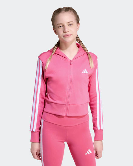 Immagine di ADIDAS - FELPA FULL ZIP CON CAPPUCCIO JUNIOR ROSA CON 3 BANDE BIANCHE ESSENTIALS - JY4983