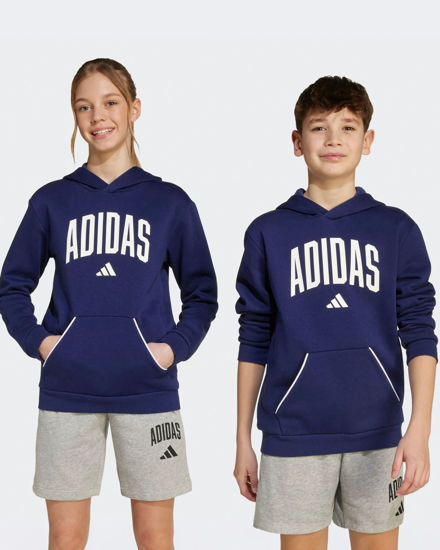 Immagine di ADIDAS - FELPA CON CAPPUCCIO JUNIOR BLU E BIANCA COLLEGE OVERHEAD FLEECE HOODIE - JV7338