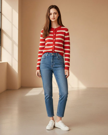 Immagine di BACHATA - Cardigan manica lunga rossa a righe beige da donna