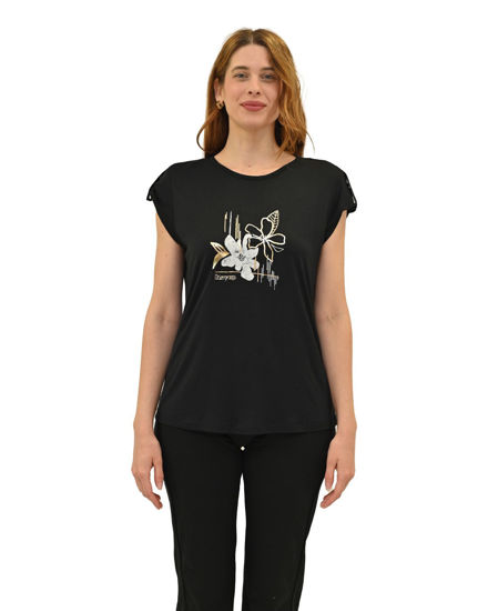 Immagine di KEY UP - T-SHIRT MEZZA MANICA DONNA NERA CON STAMPA FRONTALE- 5S854/0002