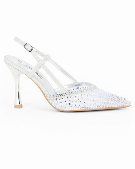 Immagine di MISS GLOBO - Décolleté slingback argento traforata con strass, tacco 9CM
