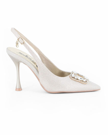 Immagine di MISS GLOBO - Décolleté slingback platino in lurex con applicazione gioiello sulla punta, tacco 9,5CM