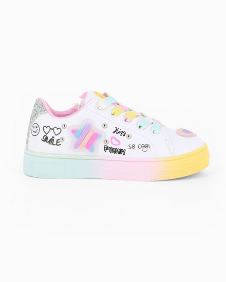 Immagine di CANGURINO - Sneakers bianca da bimba con lacci multicolor e zip laterale, numerata 24/30