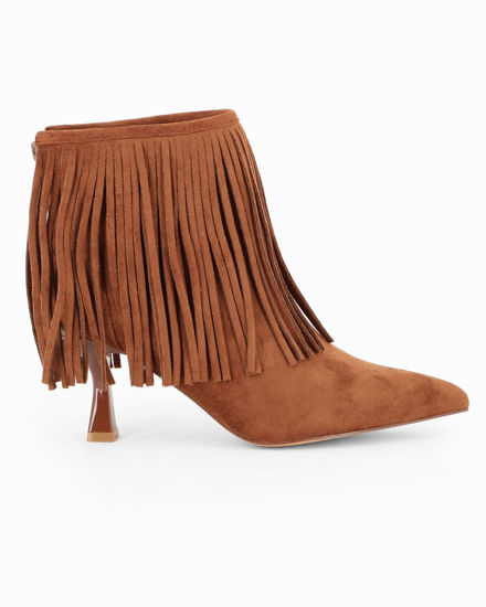 Immagine di MY JEWELS - Tronchetto camel scamosciato a punta con frange e zip posteriore, tacco 7,5CM