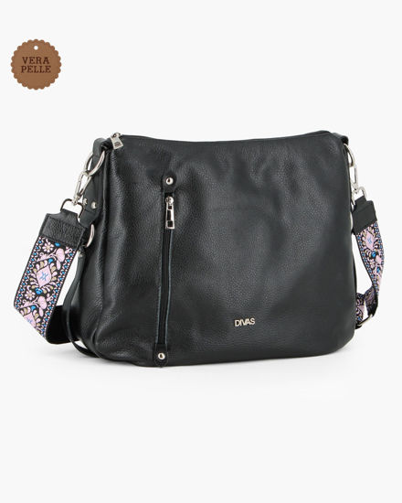 Immagine di DIVAS - Borsa nera con tracolla nastro in VERA PELLE - MADE IN ITALY