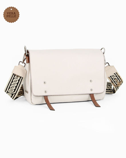 Immagine di DIVAS - Borsa beige VERA PELLE con patta e tracolla nastro -MADE IN ITALY