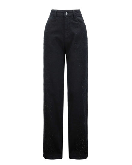 Immagine di BACHATA - JEANS NERO DA DONNA CON STRASS LATERALI STRAIGHT FIT 5 TASCHE