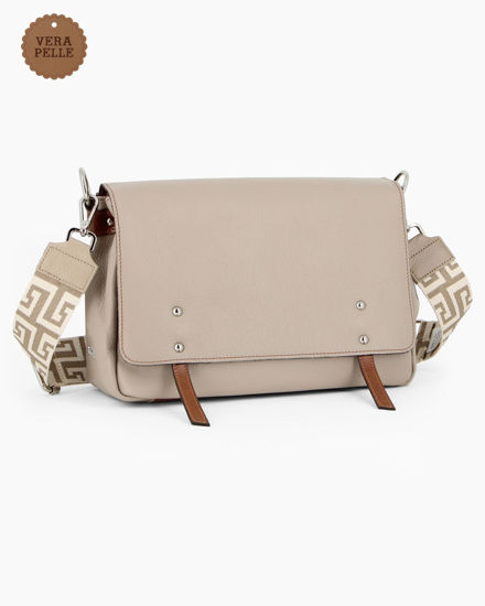 Immagine di DIVAS - Borsa taupe VERA PELLE con patta e tracolla nastro -MADE IN ITALY