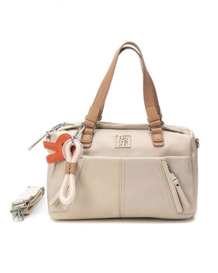 Immagine di REFRESH - Borsa due manici beige con tasche frontali e moschettone con ciondoli, tracolla removibile