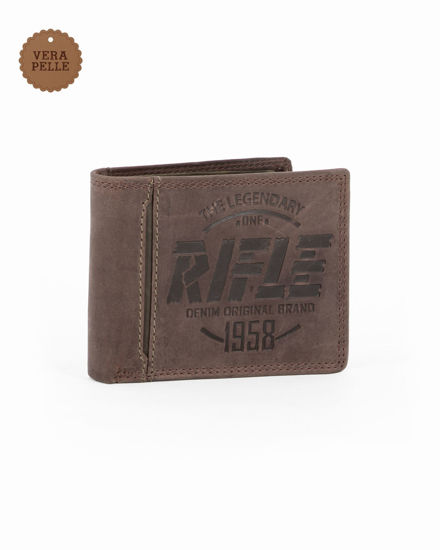 Immagine di RIFLE - Portafoglio uomo cognac con logo frontale e ribaltina in VERA PELLE