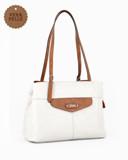 Immagine di DIVAS- Borsa a spalla bianca  con finiture cuoio e manici regolabili in VERA PELLE, MADE IN ITALY