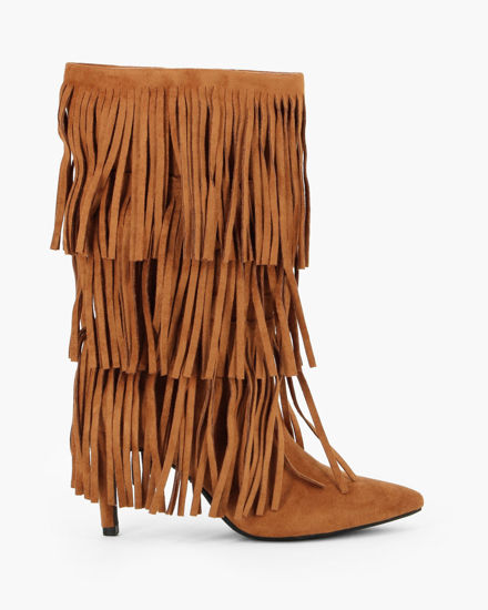 Immagine di MISS GLOBO - Stivale camel scamosciato con frange e zip laterale, tacco 8CM