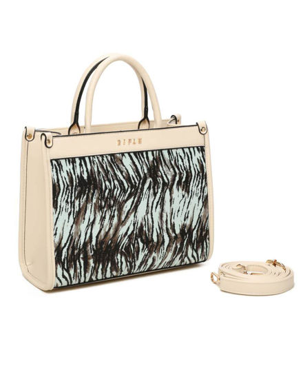 Immagine di RIFLE - Borsa due manici animalier celeste con tasca posteriore, tracolla removibile