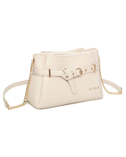 Immagine di RIFLE - Tracolla beige con tre scomparti principali e dettaglio cinta con fibbia