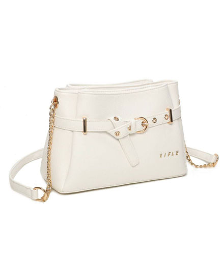 Immagine di RIFLE - Tracolla bianca con tre scomparti principali e dettaglio cinta con fibbia