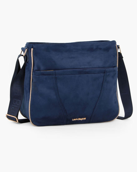 Immagine di LAURA BIAGIOTTI - Borsa sacca blu scamosciata con tasca frontale e posteriore