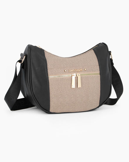 Immagine di LAURA BIAGIOTTI - Borsa mezzaluna nera con tasca frontale e posteriore e inserto centrale tortora