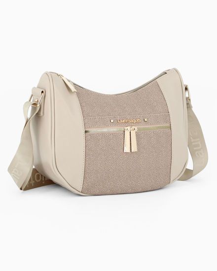 Immagine di LAURA BIAGIOTTI - Borsa mezzaluna naturale con tasca frontale e posteriore e inserto centrale tortora