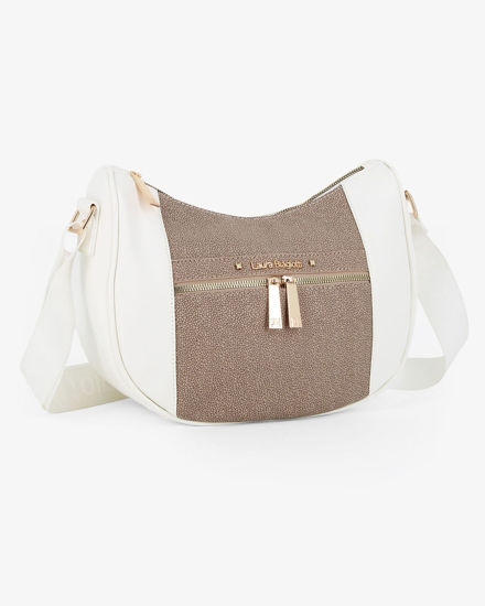 Immagine di LAURA BIAGIOTTI - Borsa mezzaluna bianca con tasca frontale e posteriore e inserto centrale tortora