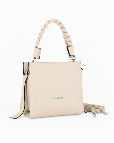 Immagine di RIFLE - Borsa a mano beige con manico intrecciato e tre scomparti principali, tracolla removibile