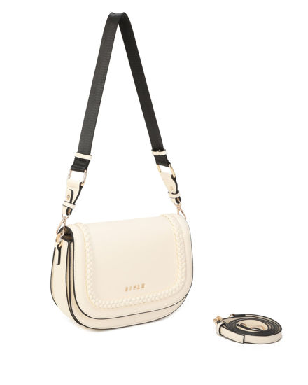 Immagine di RIFLE - Borsa beige con tre scomparti interni e treccia sulla patta, tracolla removibile