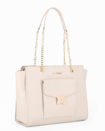 Immagine di LAURA BIAGIOTTI - Borsa shopping naturale con tasca frontale con patta e chiusura logo a incasso