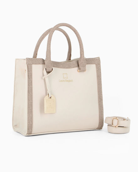 Immagine di LAURA BIAGIOTTI - Borsa a mano naturale con ciondolo metallico loggato, tracolla removibile