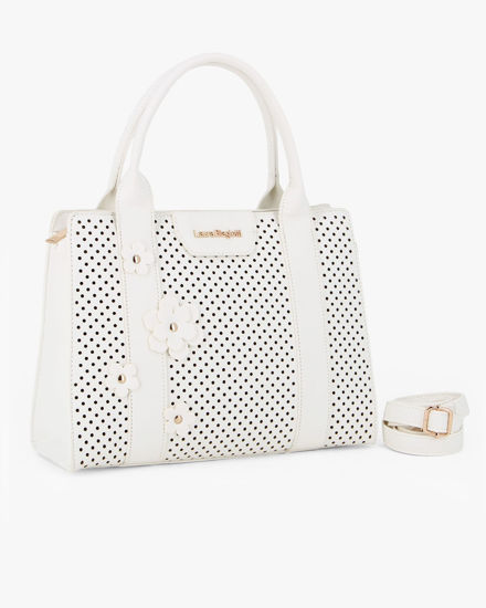 Immagine di LAURA BIAGIOTTI - Borsa a mano bianca con apllicazione fiori, tracolla removibile